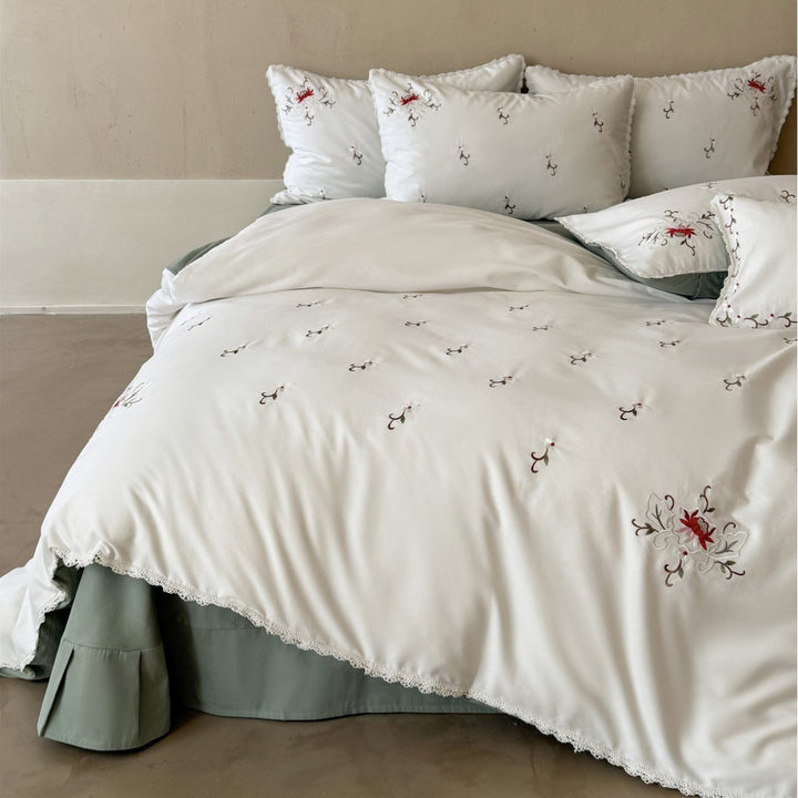 Botanical Embroidered Cotton Sateen Duvet Cover with Scalloped Lace Trim