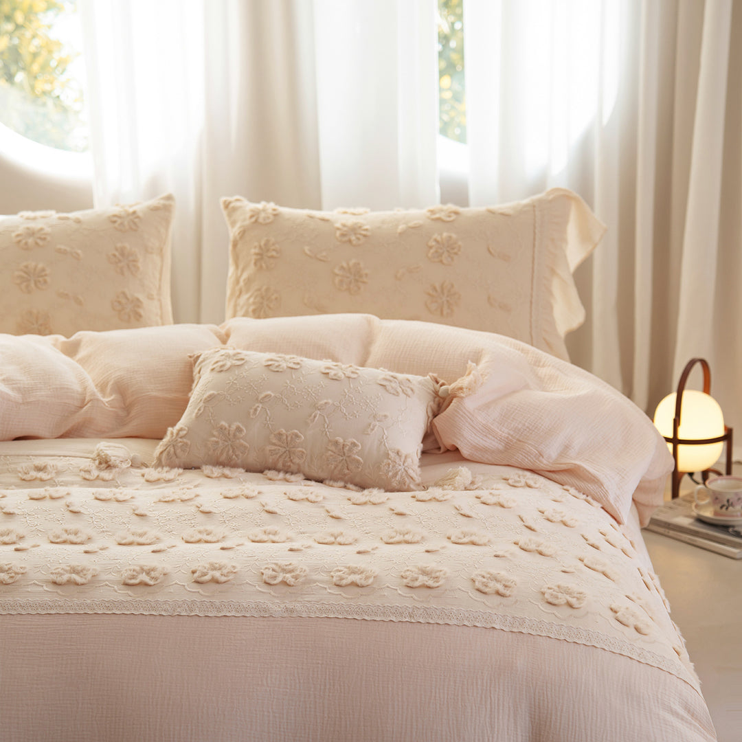 Textured Floral Embroidered Bedspread & Duvet Cover Ensemble with 3D Appliqué Flowers