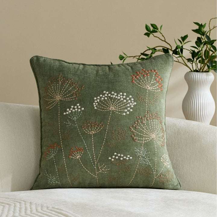 Square Embroidered Botanical Linen-Blend Accent Pillow Cover with Hidden Zipper
