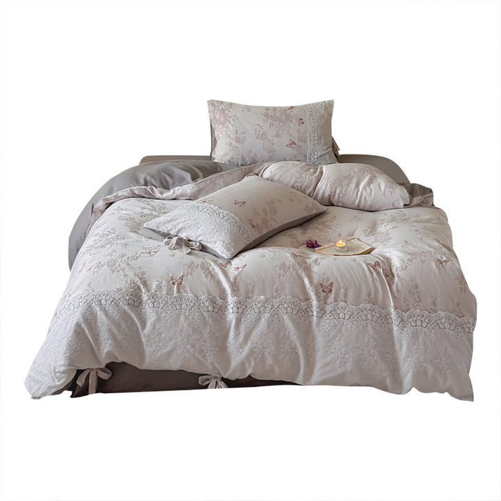 Botanical Butterfly Cotton-Linen Lace-Trim Duvet Cover Set with Tied Oxford Shams