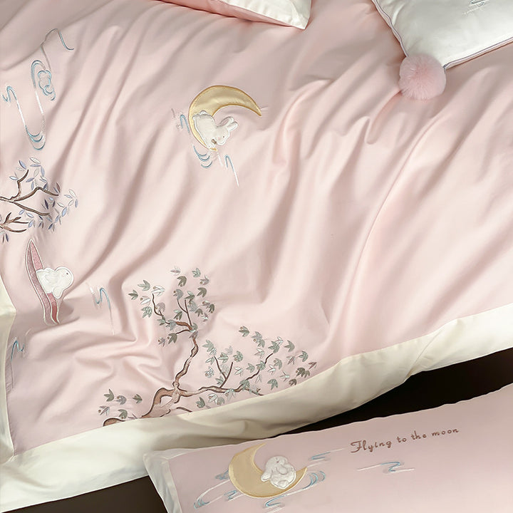 Luxury Cotton-Sateen Embroidered Duvet Cover Set with Satin Hem & Decorative Pillow Shams