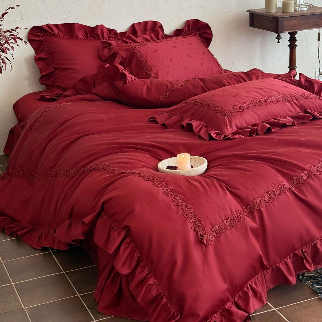 Ruffled Satin-Feel Duvet Cover Set with Delicate Rose Lace Border and Frilled Pillow Shams
