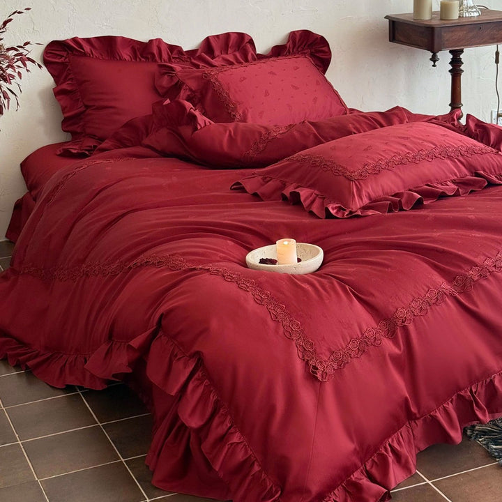 Ruffled Satin-Feel Duvet Cover Set with Delicate Rose Lace Border and Frilled Pillow Shams