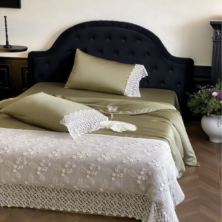 Satin bedding set with lace pillowcase and embroidered bedspread