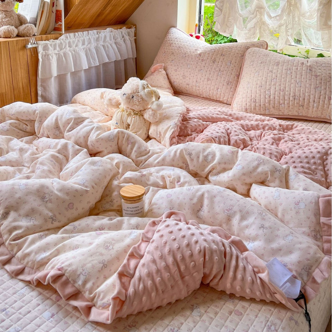 Children's Quilted Reversible Minky-Back Duvet Comforter Set with Ruffled Edge