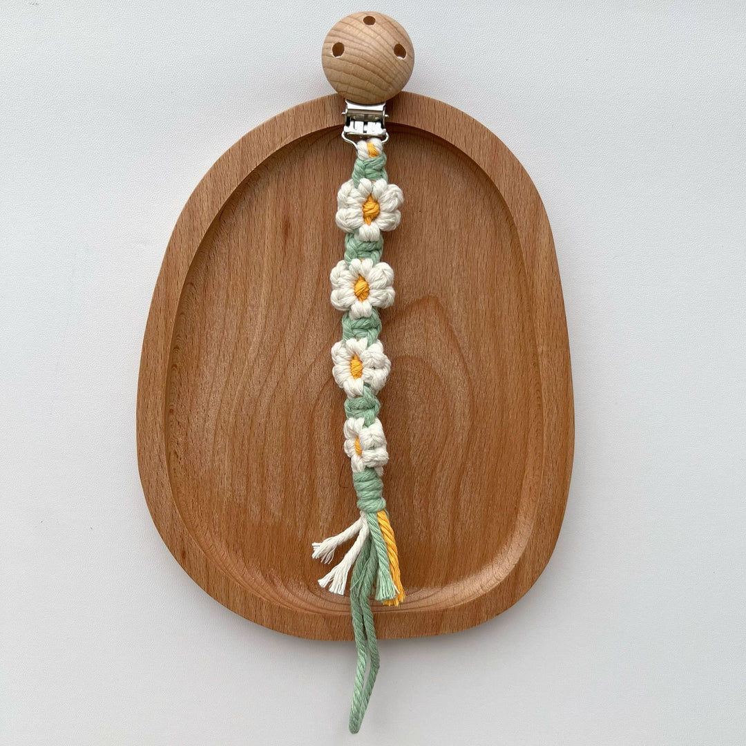 Macramé Flower Pacifier Clip with Wooden Safety Clamp