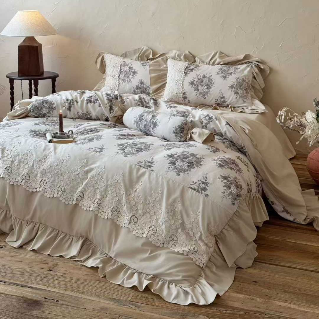 Ruffled Lace-Trim Cotton Sateen Duvet Cover Set with Floral Jacquard Shams & Decorative Bolster