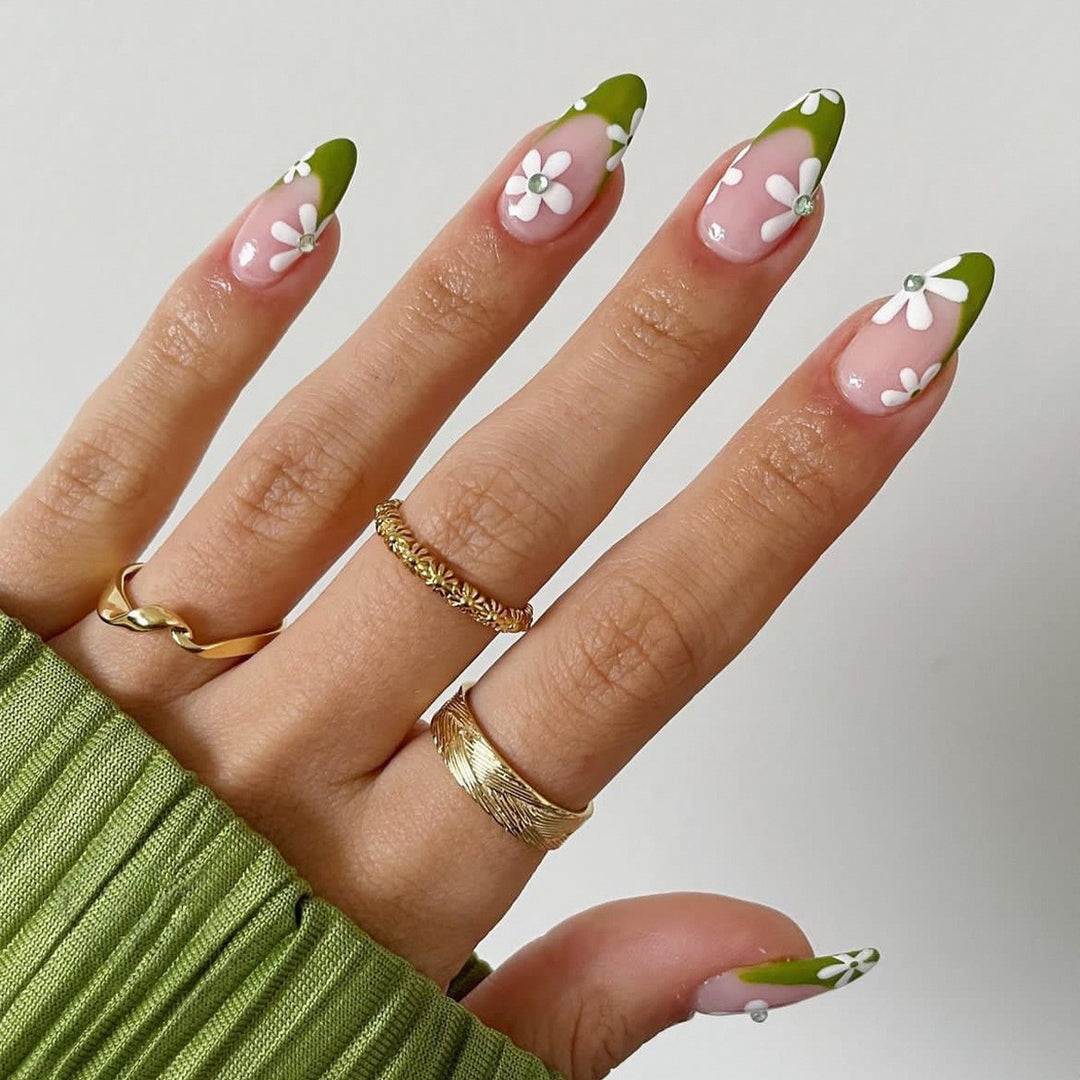 Artificial nail set with colorful flowers and creative French design Stornfield
