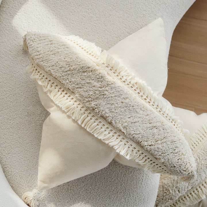 Square Boho cushion cover with diagonal teddy relief, fringes, and corner tassels Stornfield