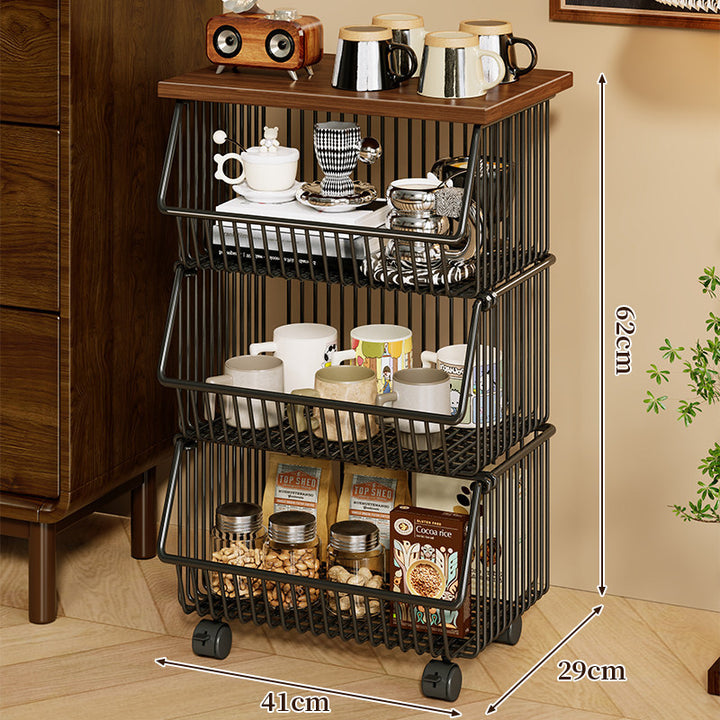 Mobile Four-Tier Kitchen Pantry Organizer Cart with Wood Top and Rolling Wire Baskets