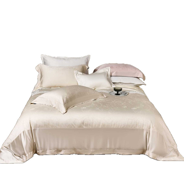 Satin bed linen set with floral jacquard texture and fine hem detail