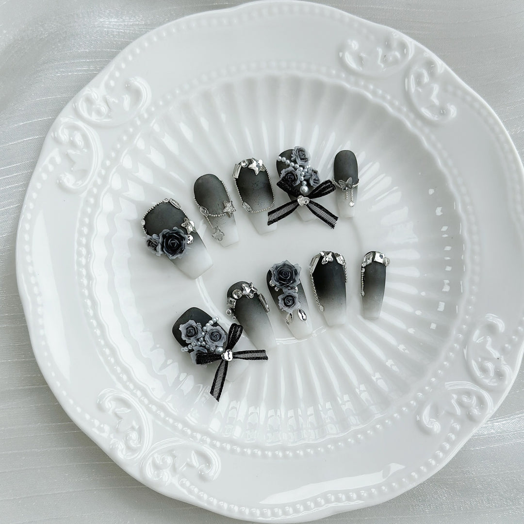 Decorative Floral Press-On Nail Set with Gem Accents