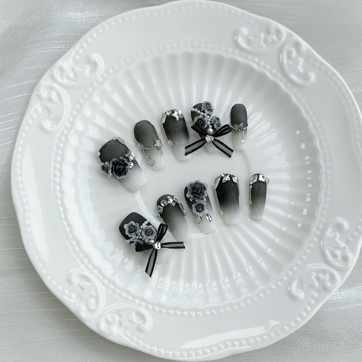 Decorative Floral Press-On Nail Set with Gem Accents