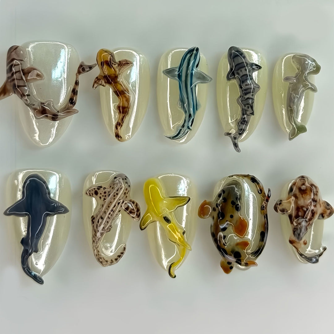 Artistic Shark-Themed Press-On Nail Art Stornfield