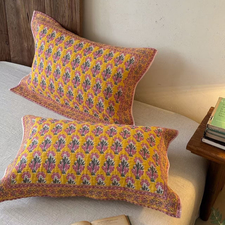 Embroidered Floral Cotton Pillowcase Shams Pair with Decorative Border