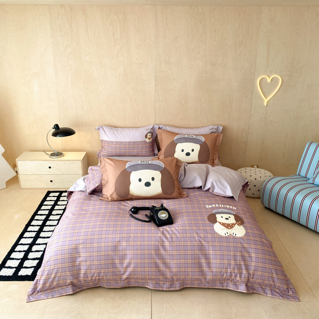 Cotton Duvet Cover and Pillowcase Set with Cartoon Puppy Print