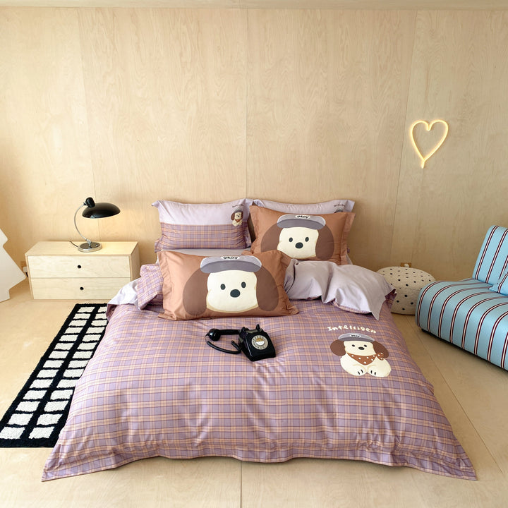 Cotton Duvet Cover and Pillowcase Set with Cartoon Puppy Print