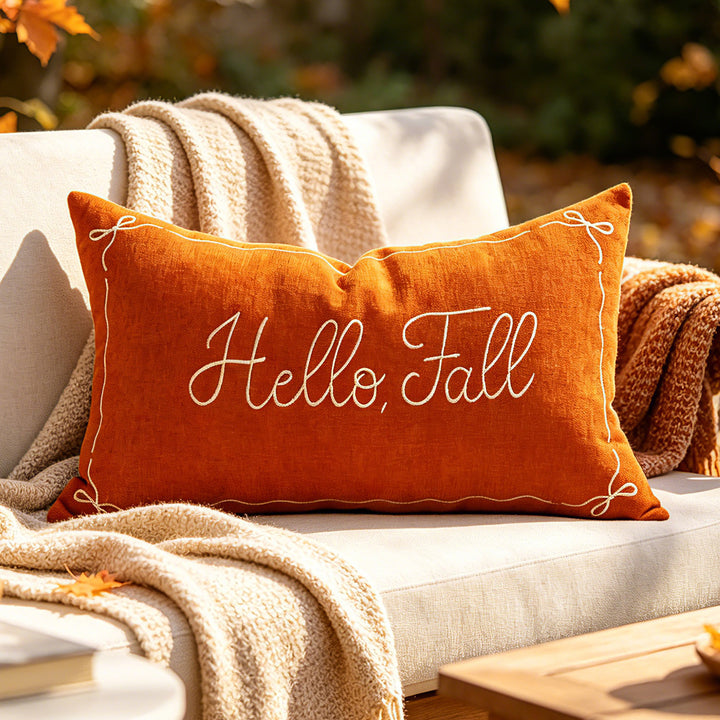 Embroidered Hello Fall Linen-Look Lumbar Throw Pillow Cover