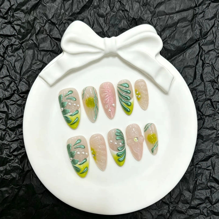 Decorative Press-On Nail Art Set with Floral and Botanical Designs