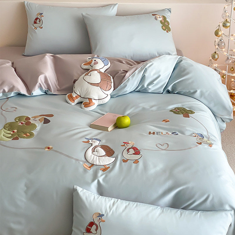Children's Cartoon Goose Embroidered Cotton Sateen Duvet Cover Set