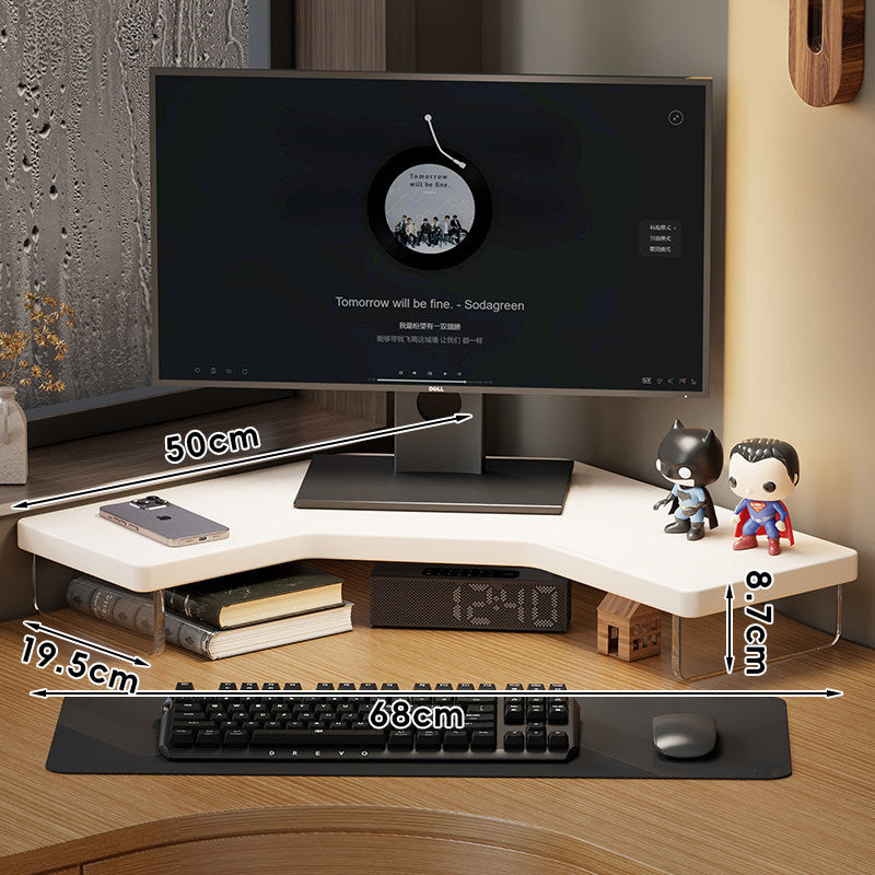 Corner Desktop Monitor Riser with Integrated Under-Shelf Storage and Cable Management