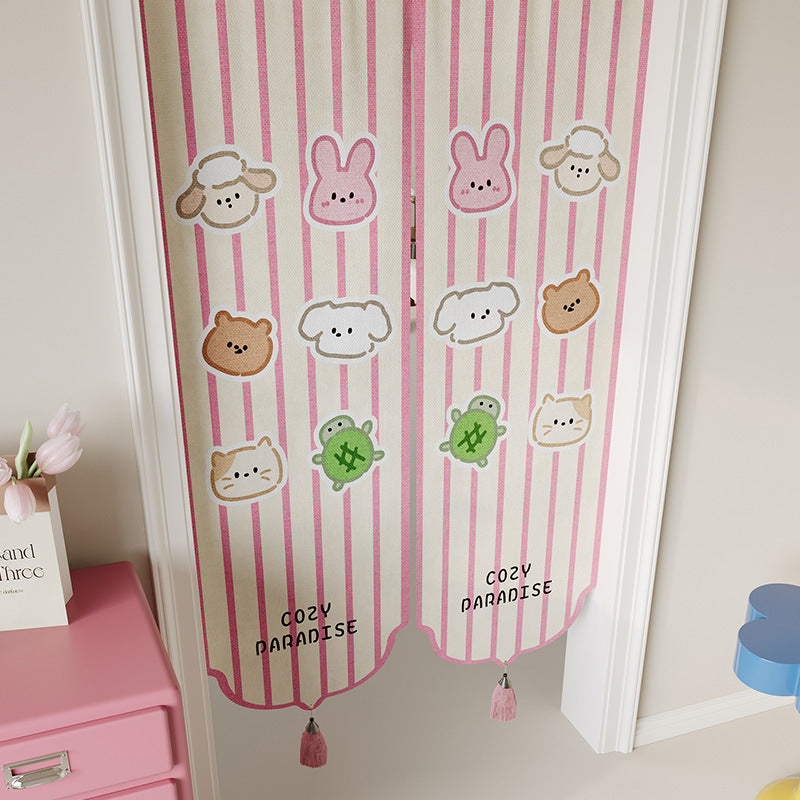 Kids Decorative Split Doorway Noren Curtain with Tassels and Cartoon Floral Lion Print