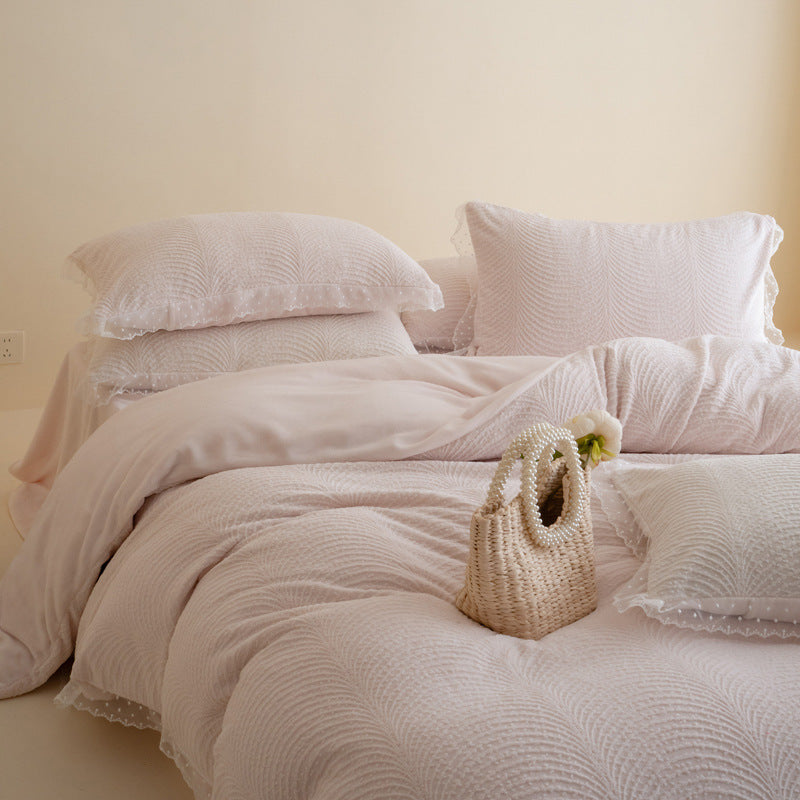 Quilted Wave-Texture Comforter Set with Sheer Dotted Ruffle Pillow Shams