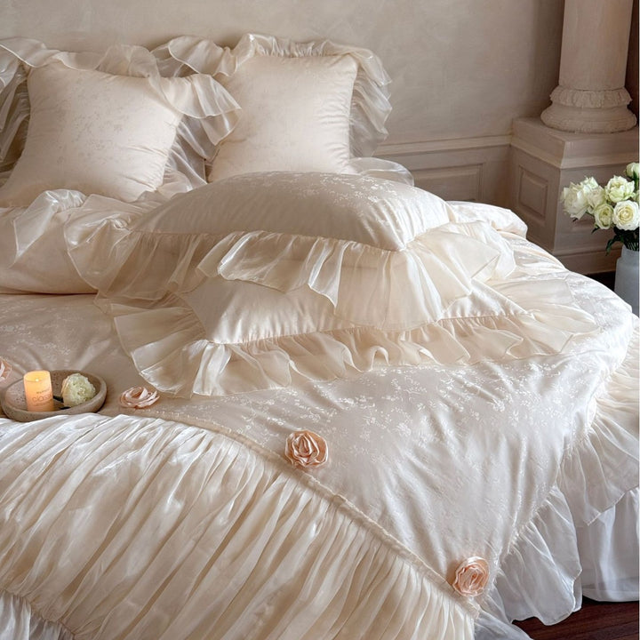 Luxurious satin bedding set with ruffles and rose appliqués