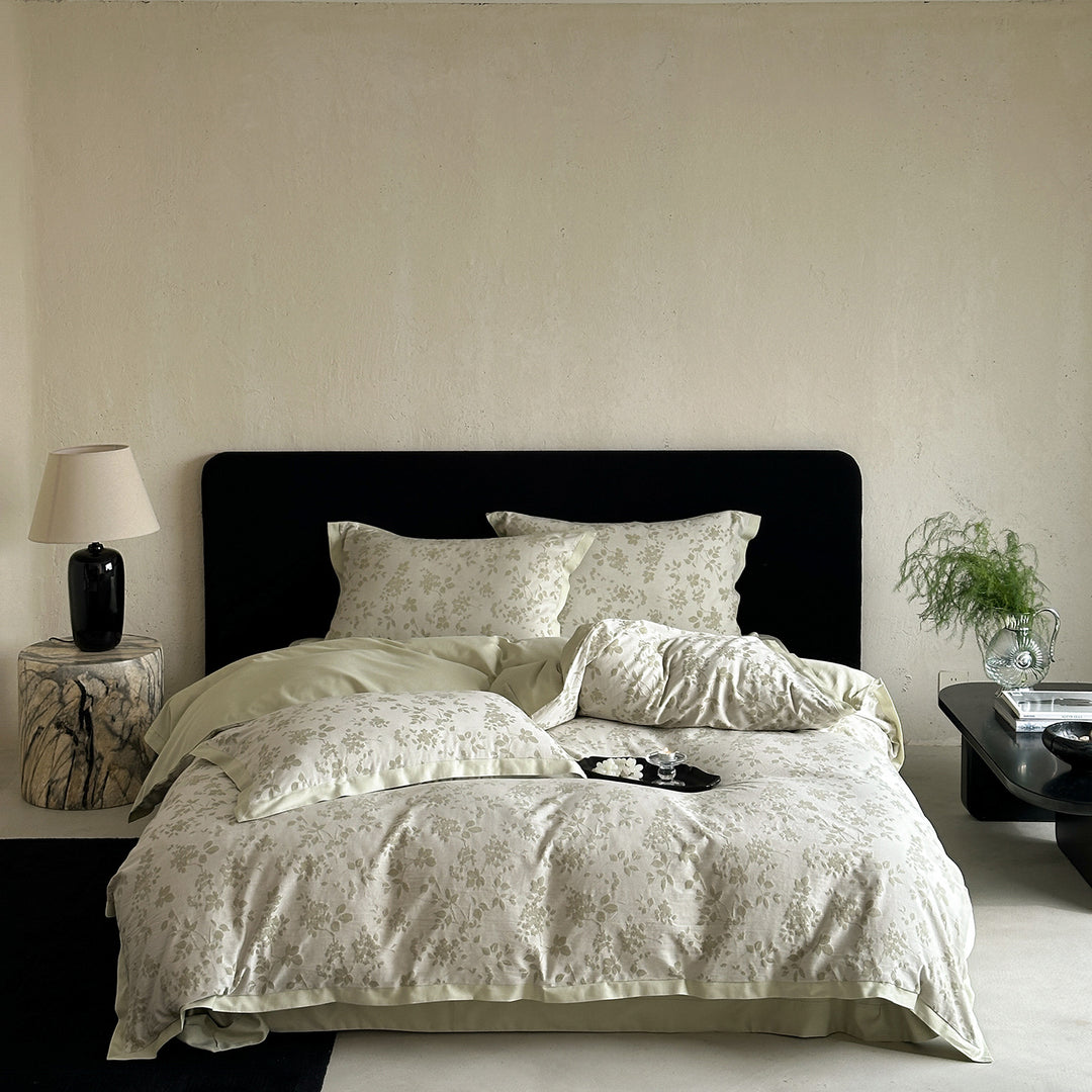 Floral Jacquard Duvet Cover Set Cotton-Linen Blend Reversible