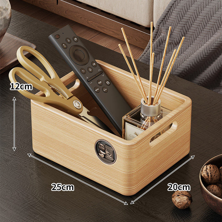 Wooden Rectangular Desktop Storage Organizer Box with Built-In Side Handles