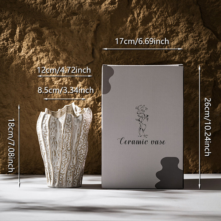 Decorative Ceramic Sculptural Vase with Textured Edge with Ruffled Rim