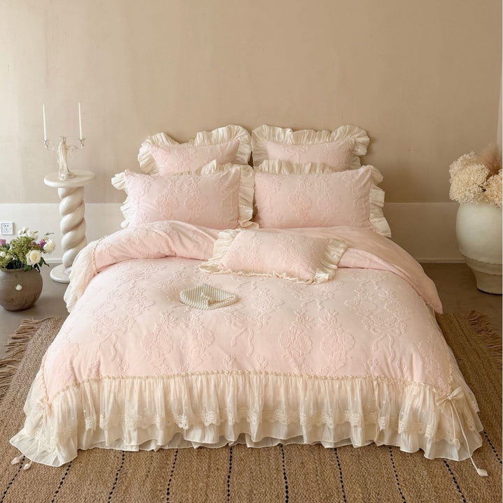 Embroidered Ruffled Cotton Sateen Duvet Cover Set with Lace-Trim Pillow Shams