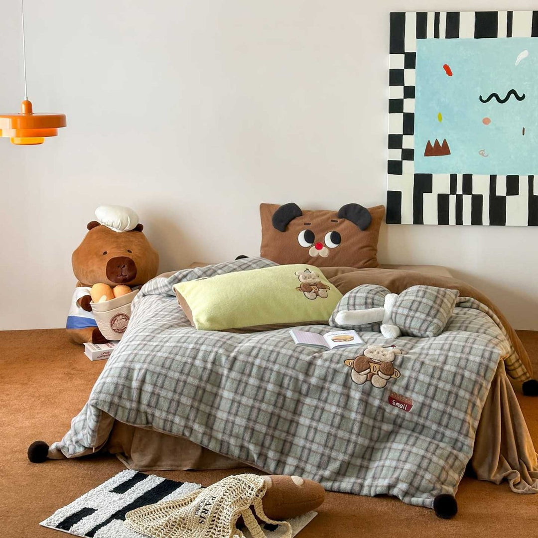 Plaid Plush Reversible Bedspread Set with Teddy Appliqué & Pom-Pom Corners