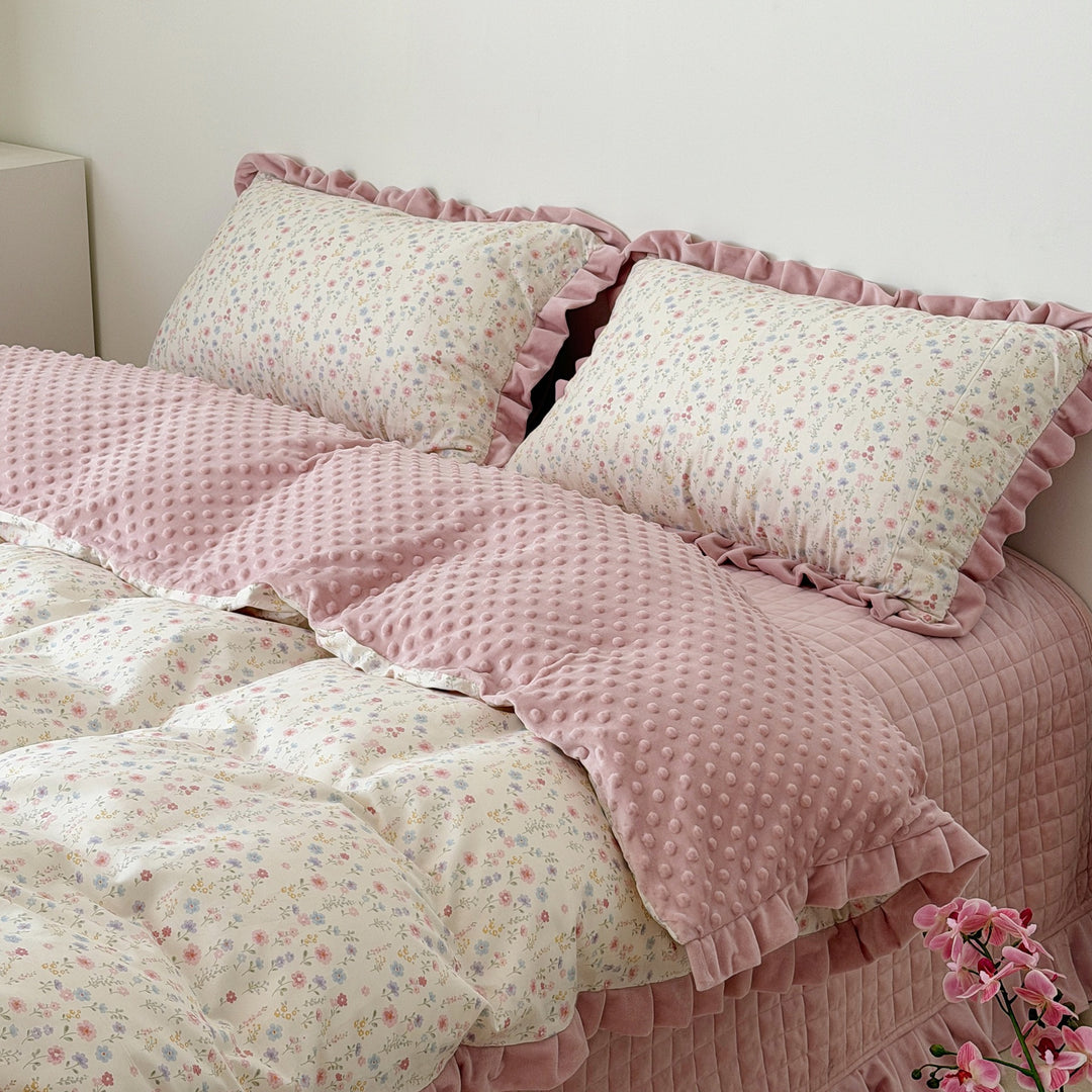 Floral Cotton Duvet Cover Set with Velvet-Trimmed Ruffled Shams and Plush Minky Throw