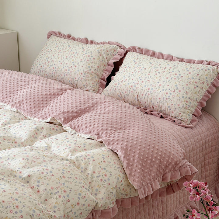 Floral Cotton Duvet Cover Set with Velvet-Trimmed Ruffled Shams and Plush Minky Throw