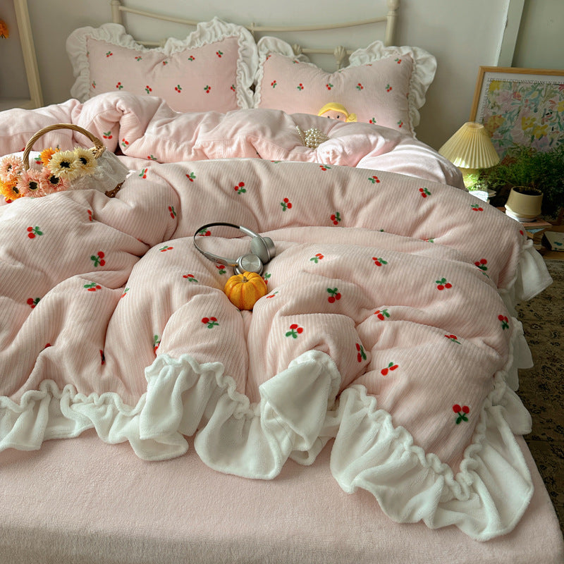 Ruffled Cherry-Print Quilted Comforter and Pillow Sham Set