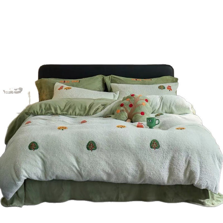 Plush Sherpa Embroidered Cartoon Dog Duvet Cover Set