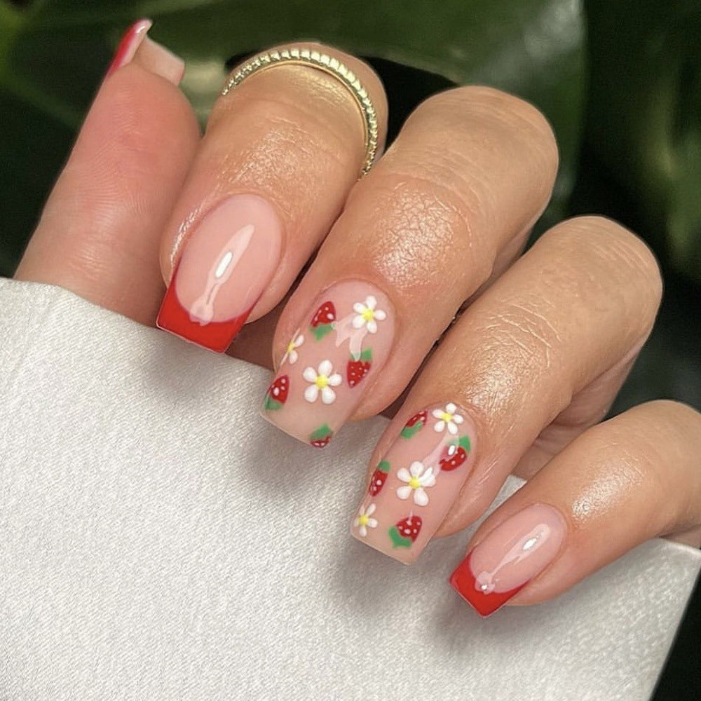 Artistic Strawberry Floral Press-On Nails Stornfield