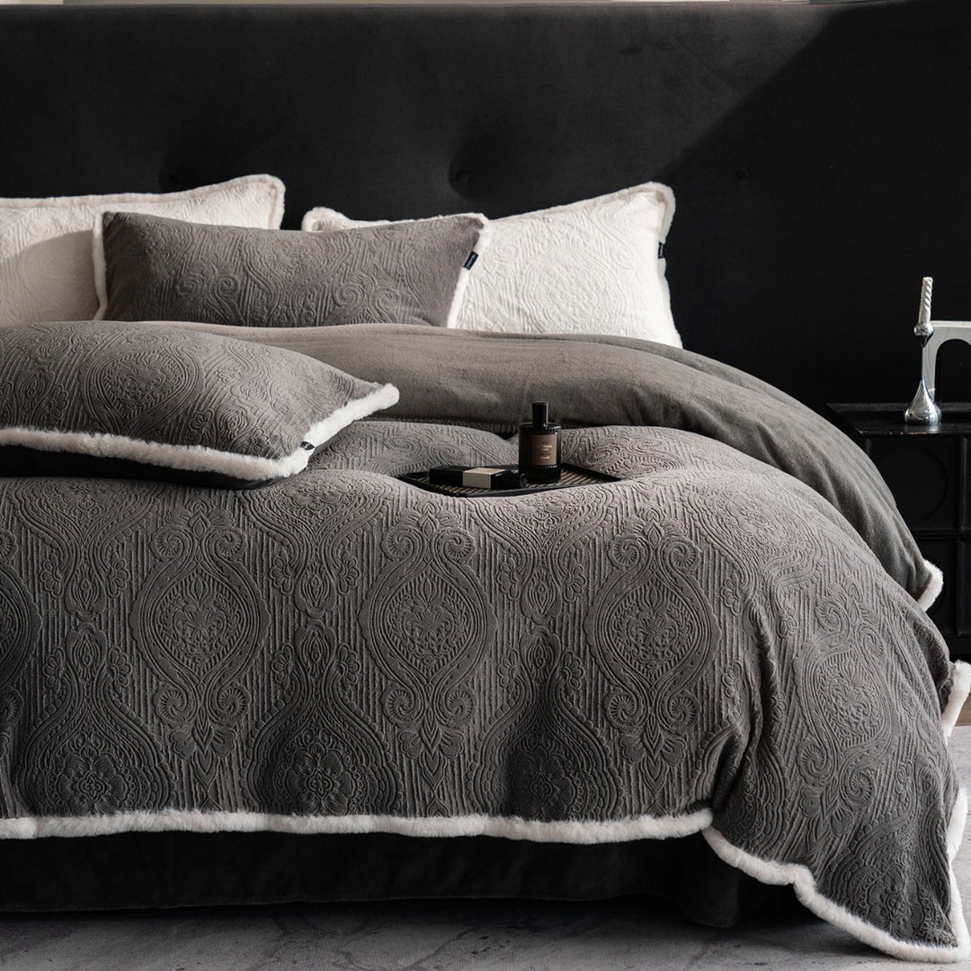 Quilted Embossed Paisley Duvet Cover Set with Reversible Plush Backing