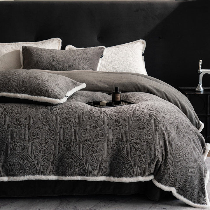 Quilted Embossed Paisley Duvet Cover Set with Reversible Plush Backing