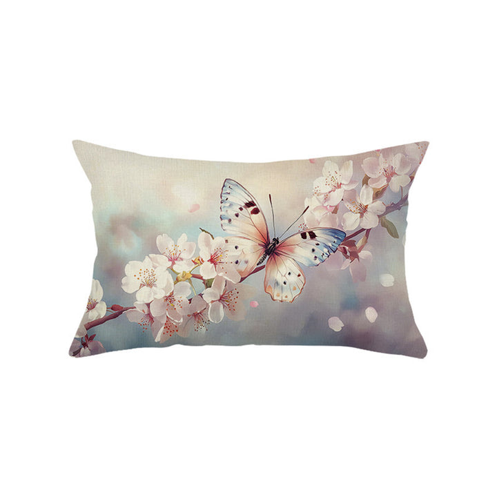 Decorative Rectangular Cotton-Linen Pillow Cover with Kitten Garden Illustration