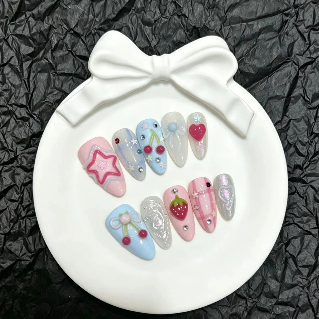 Whimsical Cherry and Heart-Themed Press-On Nail Set