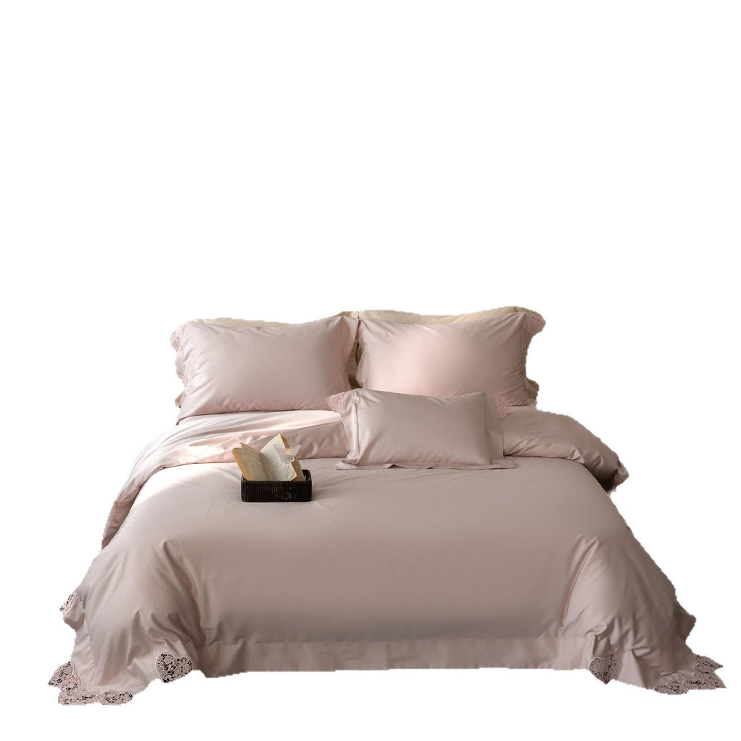 Luxury Satin Duvet Cover Set with Heart Cutwork Lace Trim