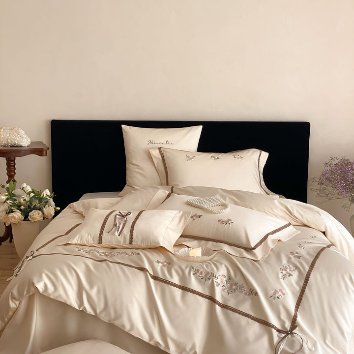Embroidered Satin Sateen Duvet Cover Set with Lace-Trim Pillow Shams