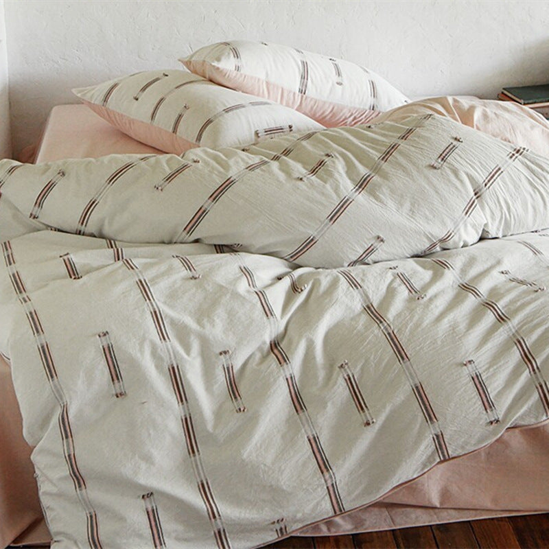 Brushed Cotton-Linen Duvet Cover Set with Tufted Vertical Stripe Embroidery