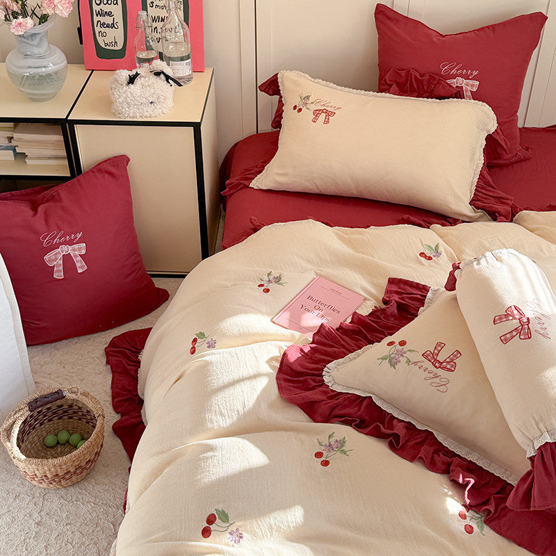 Vintage Cherry Embroidered Ruffled Cotton Duvet Cover Set
