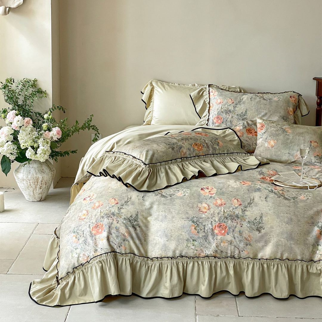 Ruffled Floral Cotton-Linen Blend Duvet Cover Set with Skirted Ruffle and Contrasting Piped Edge