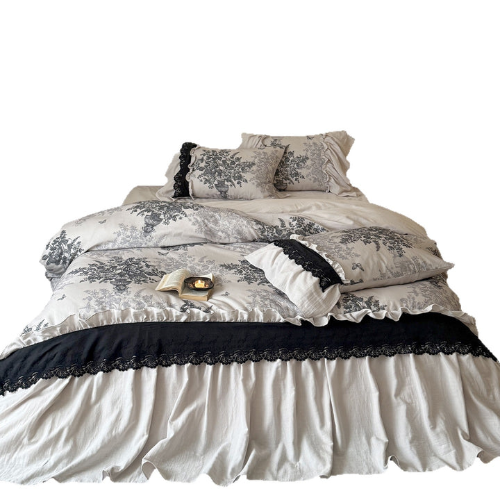 Toile-Print Ruffled Cotton-Linen Duvet Cover Set with Lace-Trim Bedskirt