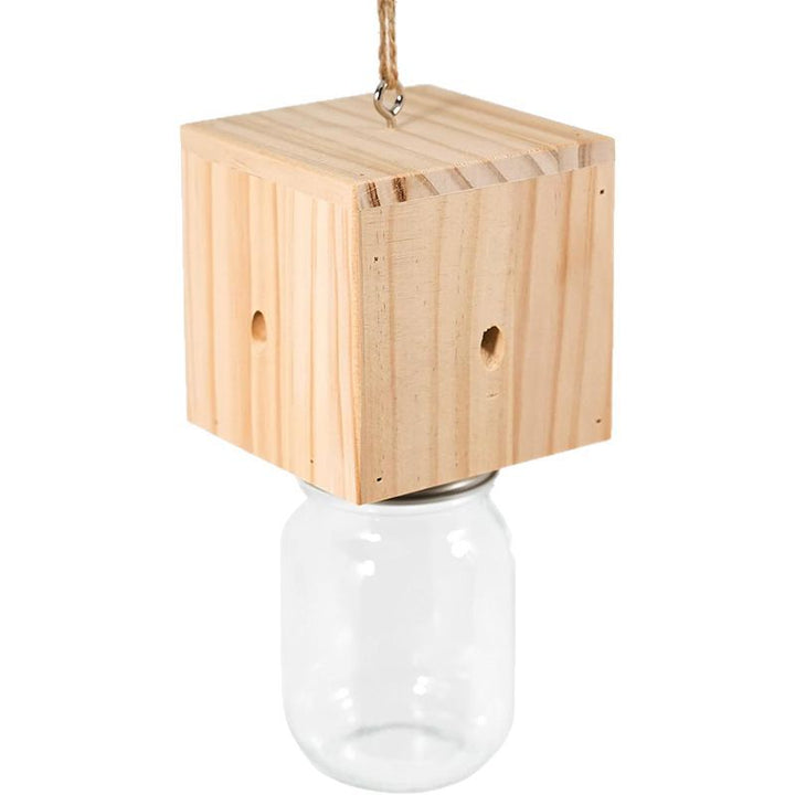 Hanging wooden bird feeder with glass jar seed reservoir and natural jute hanger Stornfield