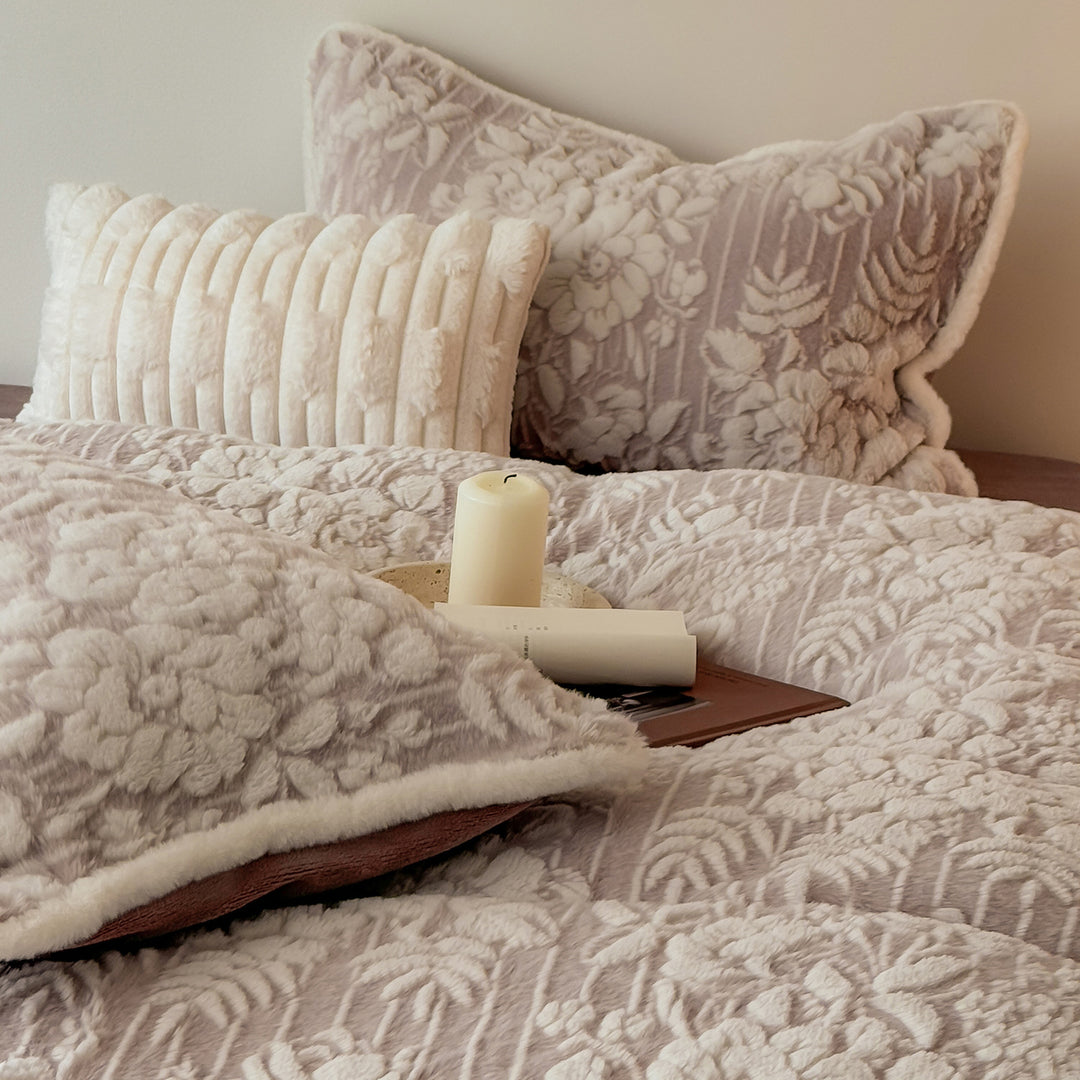 Embossed Plush Floral Quilted Reversible Duvet Cover Set with Matching Shams